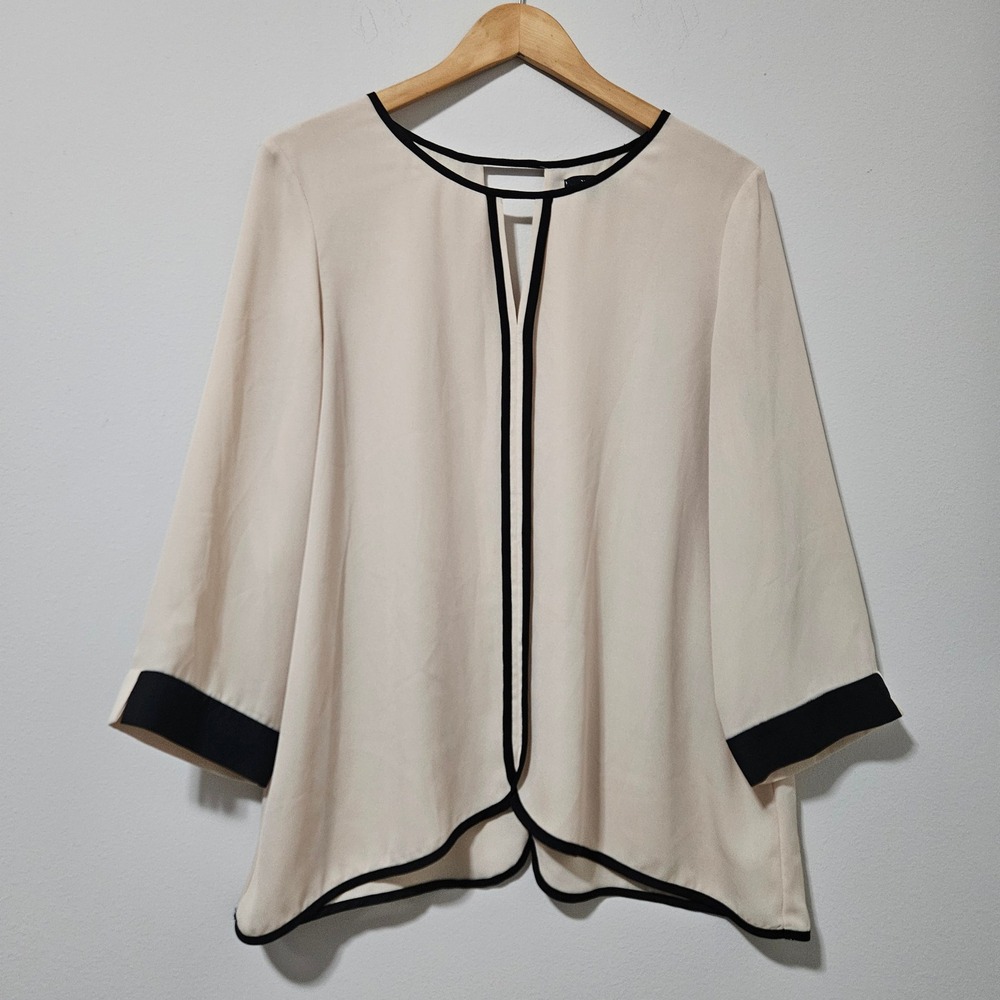 Very J Lightweight Cream Black‎ Contrast Trim Split Back Blouse Top Womens Large